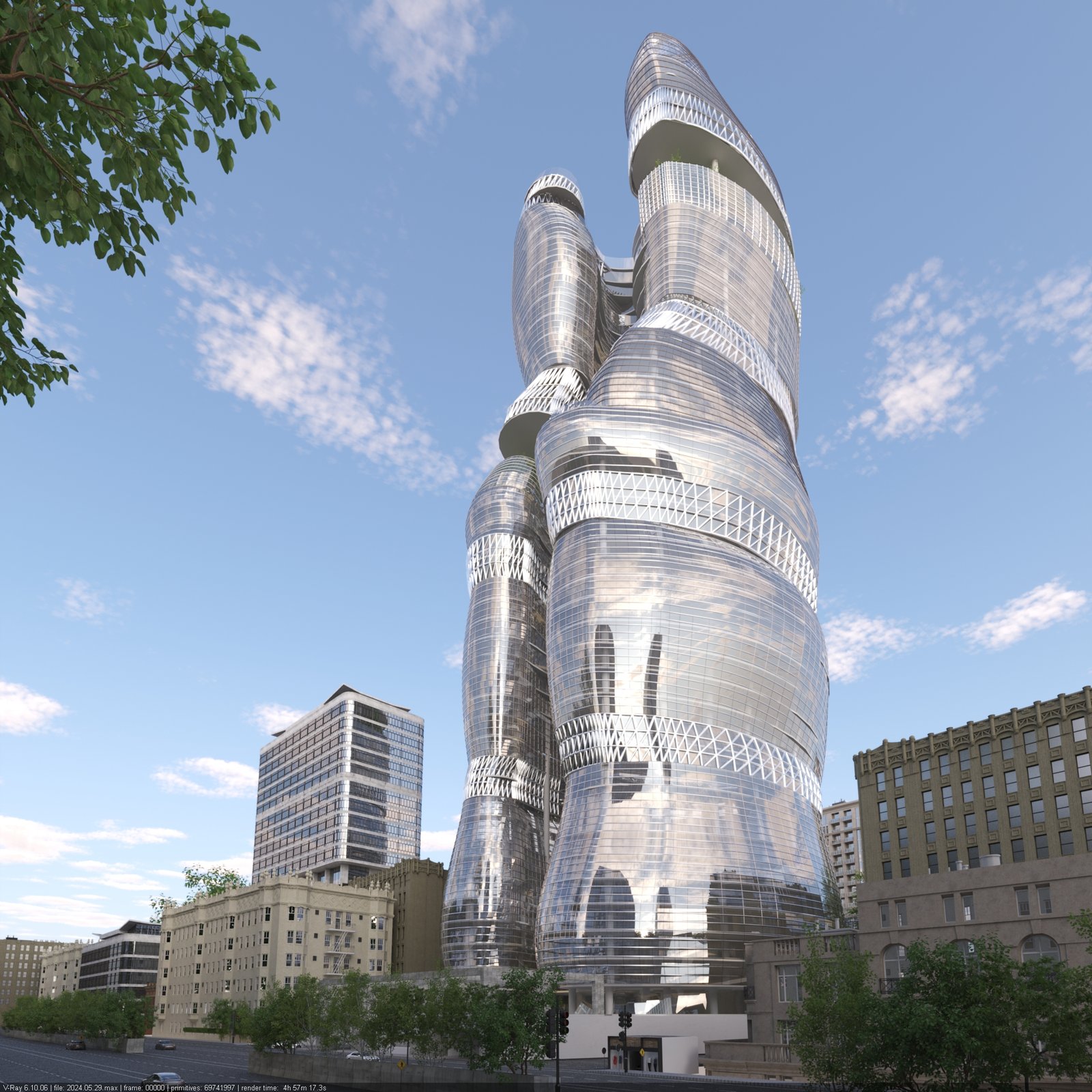 Skyscraper project, close view of linked tower forms