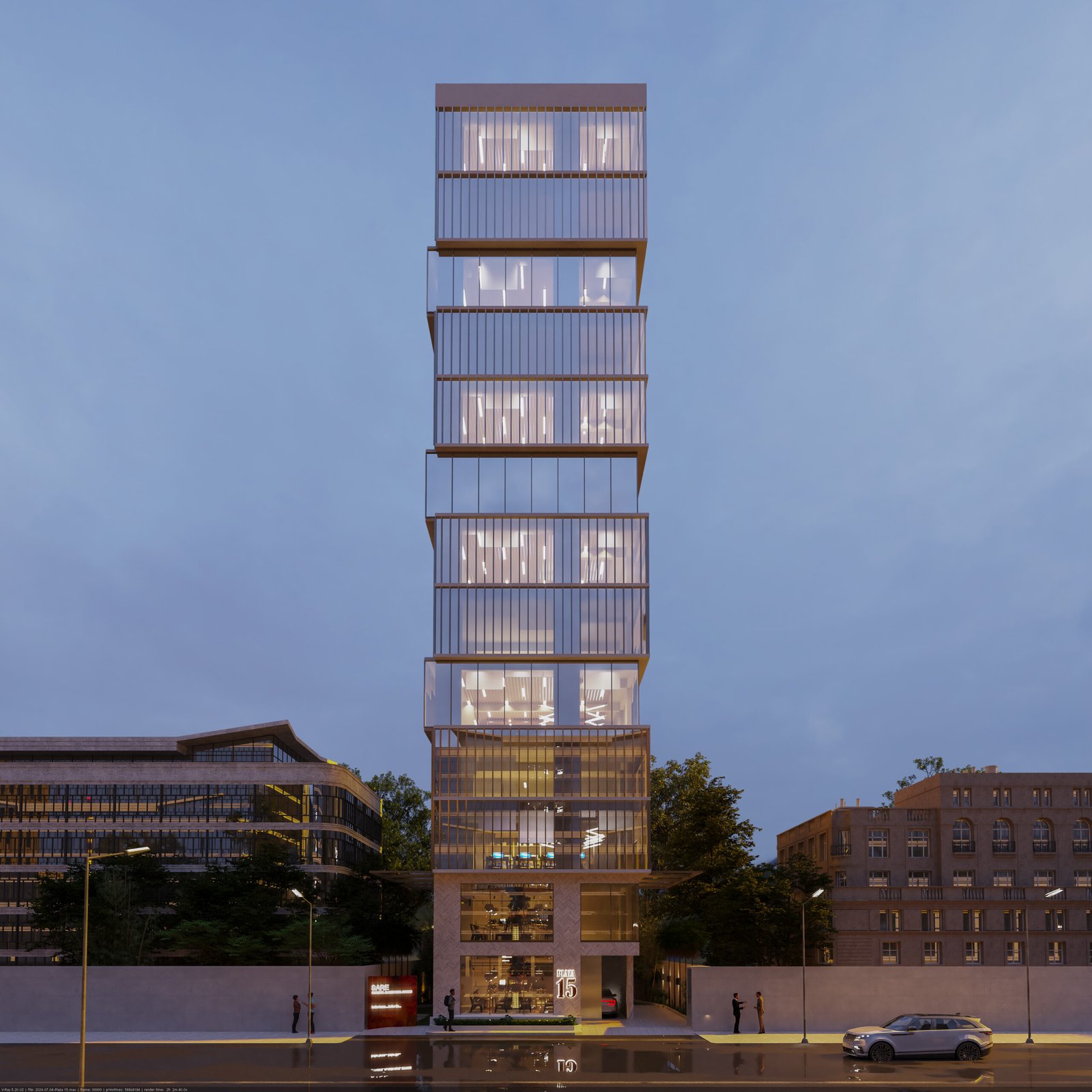 Alamin Plaza 15 — exterior visualization at dusk