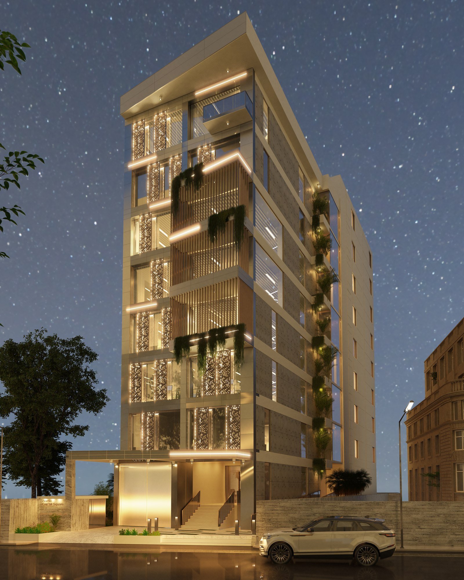Evening exterior visualization of Alamin Capital Square