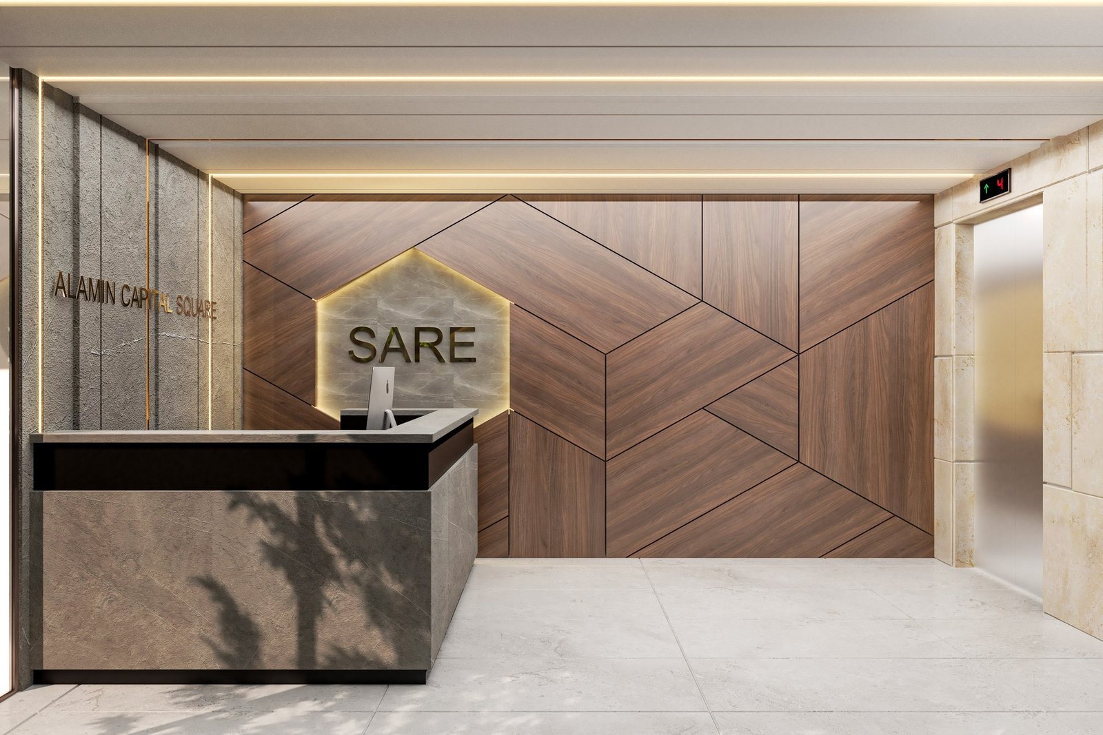 Lift lobby interior visualization at Alamin Capital Square