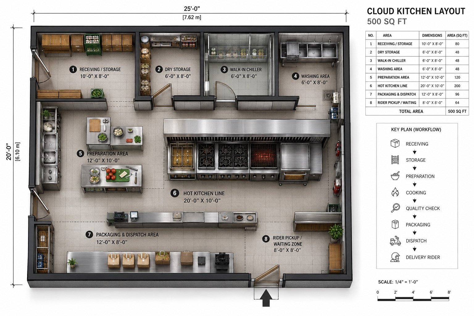 Cloud kitchen layout study with area allocations